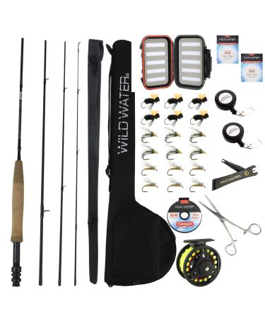 Wild Water Deluxe Fly Fishing Combo Starter Kit, 7-Foot Pole, 4-Piece Fly Rod Kit, 3/4 Weight, Fishing Accessories, Includes Die cast Aluminum Reel and Hard Tube Case with Pouch, Fly Box and Flies
