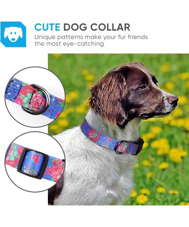 Heele Dog Collar for All Sizes | Adjustable Patterned Dog Collars for Puppies & Large Dogs | Comfortable & Robust Design | Blue Flowers (25-38cm) - Buy Online on GoSupps.com