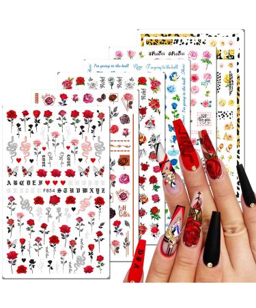 6 Sheets Flower Nail Art Stickers 3D Blue Pink Red Rose Nail Decals Spring Summer Nail Art Supplies Leopard Snake Leaf Butterfly Floral Nail Designs Supply Nail Stickers for Acrylic Nails Decor Blue red pink
