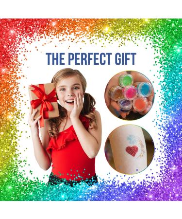 Glitter Tattoo Kit for Girls - 15 Color Jars, 32 Stencils, Glue Applicator & Brushes - Hypoallergenic, Waterproof, Easy to Apply - Buy Online on GoSupps.com