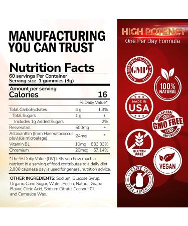 24mg Astaxanthin Gummies with Resveratrol, Vitamin B1 & Chromium - Vegan Antioxidant Supplement for Glowing Skin, Collagen Production, Eye, Joint & Immune Support - 60 Count - Buy Online on GoSupps.com
