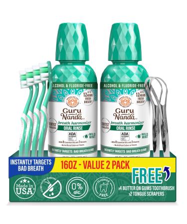 GuruNanda Fresh Breath Mouthwash ADA-Accepted Alcohol & Fluoride-Free Sodium Chlorite Essential Oils & Vitamins 12-Hrs Fresh Breath Wild Mint 16 oz - 2 Pack 16 Fl Oz (Pack of 2)