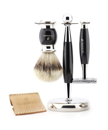 Jag Shaving Luxury Men's Shaving Set Double Edge Safety Razor with Leather Case Silver Badger Hair and Stand