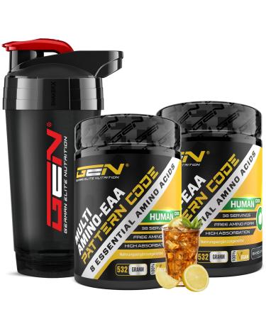 2x EAA powder Ice Tea Lemon + Premium Shaker - Human Code Formula - All 8 essential amino acids - Amino workout drink - Delicious taste - vegan (2x - 532 g) Shaker + 2x ICE TEA LEMON 532 g (2 Pack) + shaker