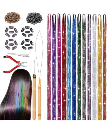 Chostky Hair Tinsel Kit Extensions Fairy Hair Tinsel Strands Kit 12 Colors 2400 Strands 47 Inches Hair Braiding Kit Hair Extentions Accessories for Girls Women Halloween Christmas Cosplay Party