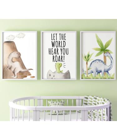 Dinosaur Set of 3 Unframed Poster Prints with Quote for Baby Boy or Girl Nursery Dinosaur Bedroom Decor Dinosaur Wall Art Let the World Hear You Roar (A4) Roar A4