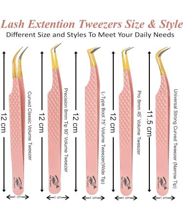 Tipu 5 Pack Diamond Grip Lash Tweezers Set - Japanese Stainless Steel Fiber Tip, Professional Volume Eyelash Extensions Tool with Wristband (Pink Gold) - Buy Online on GoSupps.com