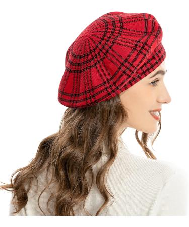 ZLYC Reversible Knitted French Beret Hat for Women - Checkered Red - Buy Online on GoSupps.com