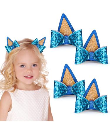 BABORUI 4PCS Bluye Hair Clips for Girls  Glitter Dog Ear Hair Bow Clips for Toddler Girls  Kids Cute Blue Hair Accessories for Birthday Costume Party Favor Decorations Supplies