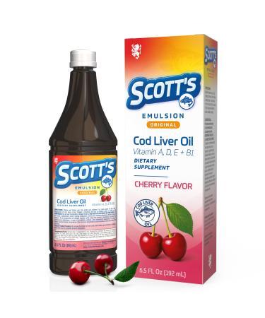 SCOTT'S EMULSION Cod Liver Oil Liquid for Kids Cherry Flavor Supports Growth Immunity & Bone Health Rich in Omega 3 & Vitamins A+D Easy-to-Take Fish Oil 6.5 Fl Oz