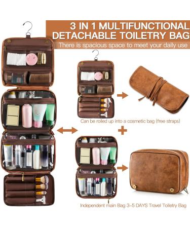 Elviros Hanging Toiletry Bag - Multifunctional Travel Organizer for Men and Women - Water-resistant PU Leather Dopp Kit - Brown - Buy Online on GoSupps.com