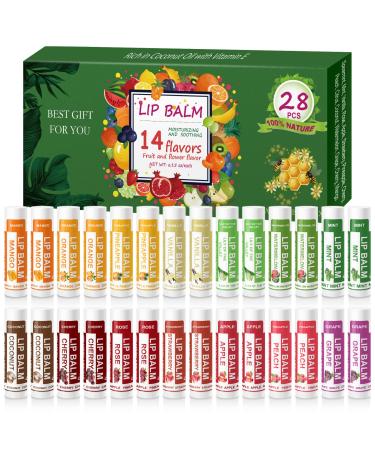 Yopela 28 Pack Natural Lip Balm in Bulk with Vitamin E and Coconut Oil - Moisturizing  Soothing  and Repairing Dry and Chapped Lips - 14 Flavors - Chemical-Free and Non-GMO 28 Count (Pack of 1)