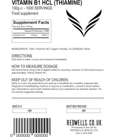 Vitamin B1 Powder Thiamine Hcl | REDWELLS | GMO-Free Vegan Formula | 100g Pack - Buy Online on GoSupps.com