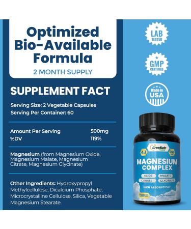 GreeNatr Magnesium Complex Supplement - Magnesium Supplements with Glycinate Citrate Malate & Oxide - Magnesium Tablets for Digestion Sleep Heart Health & Energy - Magnesium Vitamins 120 Counts 120 Count (Pack of 1) - Buy Online on GoSupps.com