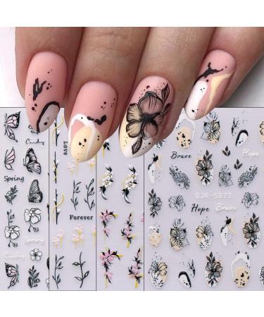 JMEOWIO 6 Sheets 3D Embossed Spring Flower Nail Art Stickers Decals Self-Adhesive 5D Colorful Summer Floral Nail Supplies Nail Art Design Decoration Accessories