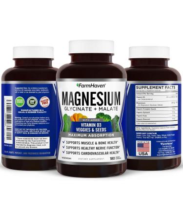 FarmHaven Magnesium Glycinate & Malate Complex w/Vitamin D3 100% Chelated for Max Absorption Vegetarian Bone Health Nerves Muscles 180 Capsules 90 Days 180 Count (Pack of 1) - Buy Online on GoSupps.com