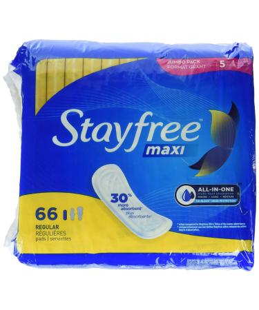 Stayfree Maxi Regular Pads For Women, Wingless, Reliable Protection and Absorbency of Feminine Periods, 66 count 66 Count (Pack of 1) Thermocontrol