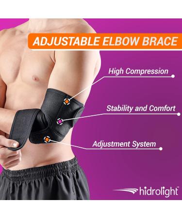 HIDROLIGHT Adjustable Elbow Pads | Elbow Brace for Tendonitis & Tennis Elbow | Compression Sleeve for Men & Women | One Size Fits All - Black - Buy Online on GoSupps.com