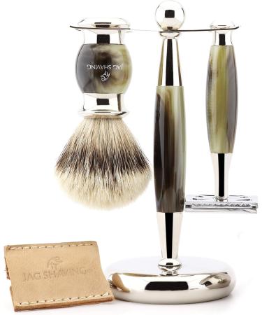 JAG Shaving Luxury Razor Set for Men - Double-Sided Razor Silver Tip Brush Bowl & Leather Case - Perfect Gift for Grooming - Buy Online on GoSupps.com