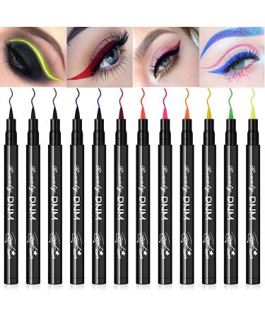 12Pcs Colorful Neon Liquid Eyeliner Pen  Waterproof Smudgeproof Long Lasting Black Felt-Tip Eye Liner Pencil Cat Eye Liner Pen Makeup Set