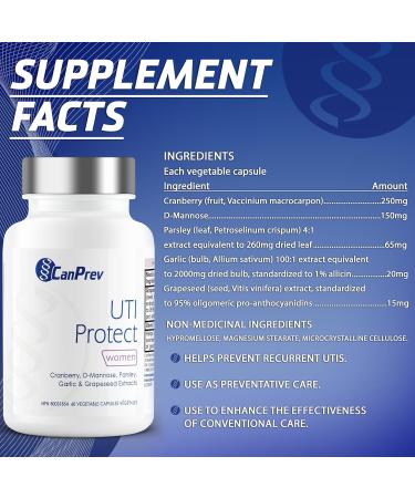 CanPrev UTI Protect 60 Capsules - D-Mannose for Bladder Support with Cranberry Parsley Garlic & Grapeseed Extracts Promotes Bladder Comfort & Urinary Tract Wellness Gentle Daily Support for Women - Buy Online on GoSupps.com