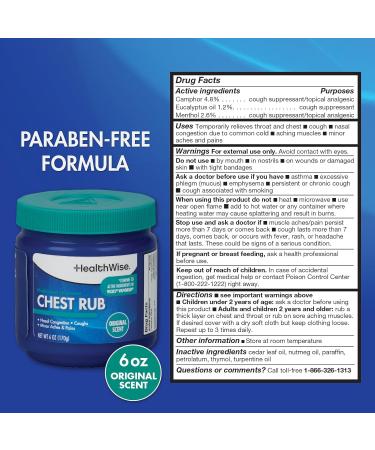 HealthWise Medicated Chest Rub | Cough suppressant | Relieves Nasal Congestion | Relieves Minor Aches and Pains | 6 oz. Jar | Eucalyptus Menthol + Camphor - Buy Online on GoSupps.com