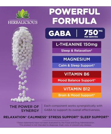 HERBALICIOUS GABA L-Theanine with Magnesium Calm & Focus Support Stress Relief Relaxation + Mood Balance Brain & Memory Support Supplement Vitamin B6 + B12 Complex 120 Capsules - Buy Online on GoSupps.com