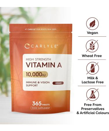 Vitamin A Tablets 10000 IU | 365 Count (1 Year Supply) | Vitamin A as Retinol Acetate | High Strength | Vegan and Vegatarian | by Carlyle - Buy Online on GoSupps.com