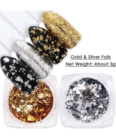 Holographic Nail Art Sequins Glitter Kit - 4 Boxes Set, Aluminum Foil Sequins for Nails - Gold & Silver Irregular Glitter Flakes, Mirror Chrome Powder - Nail Decorations - Buy Online on GoSupps.com