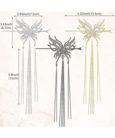 3 Pcs Butterfly Tassel Hair Sticks - Metal Rhinestone Pearl Chopsticks | Vintage Chinese Hair Accessories for Women - Buy Online on GoSupps.com