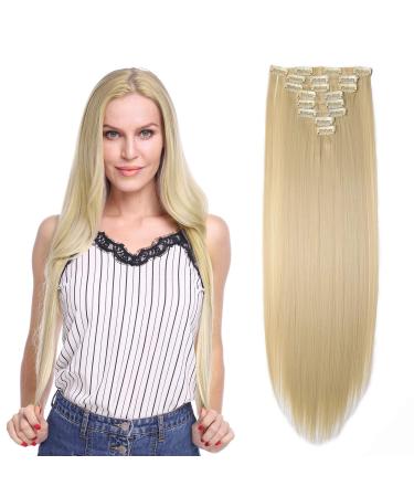 26 inch Long Straight Blonde Hairpiece Extension 8pcs Clip in Hair Extensions Hair Pieces 100% Synthetic For Full Head Bleach Blond 26 Inch Straight #Bleach Blond-2