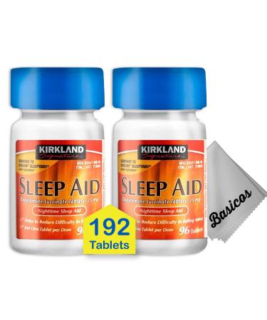 Kirkland Nighttime Sleep Aid Sleeptabs for Adults Doxylamine Succinate Tablets 25 mg 96 Tablets Each Bottle. Plus 1 Microfiber Cleaning Cloth (2Pack 192Count) 96 Count (Pack of 2) 192