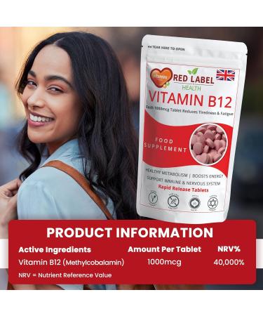 Red Label Health Vitamin B12 Tablets High Strength 1000mcg for Men & Women Pack of 360 Tablets (1 Year Supply) Methylcobalamin B12 Vitamin for Tiredness and Fatigue Vegetarian Vegan 1 count (Pack of 360) - Buy Online on GoSupps.com