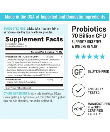 NatureWise Probiotics 70 Billion CFU - 17 Strains + Organic Prebiotics - Immune Digestive & Gut Health Support for Women & Men - Vegetarian Gluten-Free Non-GMO - 60 Capsules 2-Month Supply 70 BILLION CFU 60 Count (Pack of 1) - Buy Online on GoSupps.com