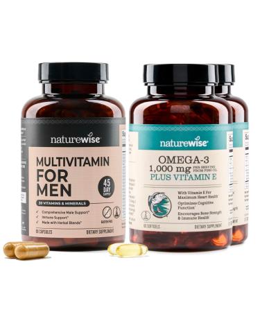 NatureWise 1 Multivitamin for Men - Non-GMO - 90 Capsules 45-Day Supply + (Pack of 2) Omega 3 Fish Oil 1000mg + Vitamin E - Wild-Caught - 60 Softgels 30-Day Supply