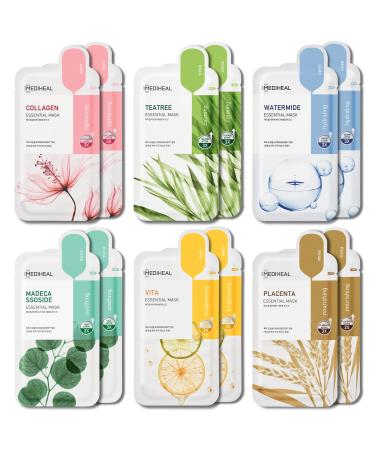 Mediheal Sheet Mask New Essential HERO 12 pack (Collagen Tea Tree Placenta Madecassoside Vita Watermide)| Korean Skincare Facial Sheet Mask Combo 12 Count (Renewal)