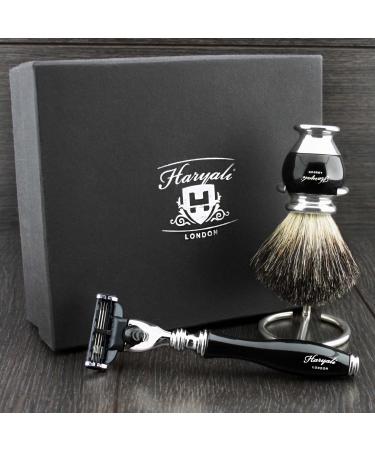 3 Pc Mens Shaving Kit 3 Edge Razor With Black Badger Hair Shaving Brush and Stainless Steel Stand Perfect Set For Men