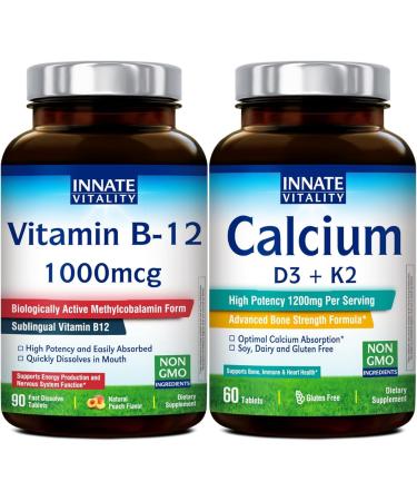 Innate Vitality Calcium 1200mg with D3 & K2 + Vitamin B12 1000mcg Methylcobalamin Bundle | Bone Density Energy Metabolism & Mental Clarity Support | Fast Dissolve Sublingual Non-GMO Peach Flavor