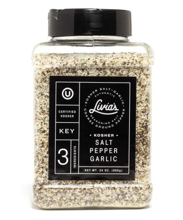 Livia's Seasoning - A Perfect Blend of Kosher Salt, Black Pepper & Garlic. Delicious Spice & Rub for Cooking & Grilling Chicken, Steak, Fish, Burgers or Sprinkling on all Foods - 24oz Jar 24 Ounce