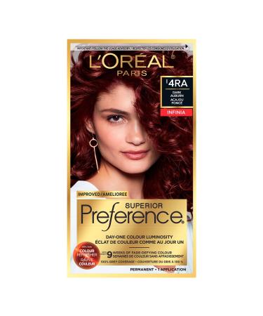 L Or al Paris Superior Preference 9 weeks of Luminous Fade-Defying Permanent Hair Dye 4RA Dark Auburn 100% Grey Coverage 1 Hair Dye Kit (Packaging May Vary) Light Copper Mahogany 1 Count ( Pack Of 1 )