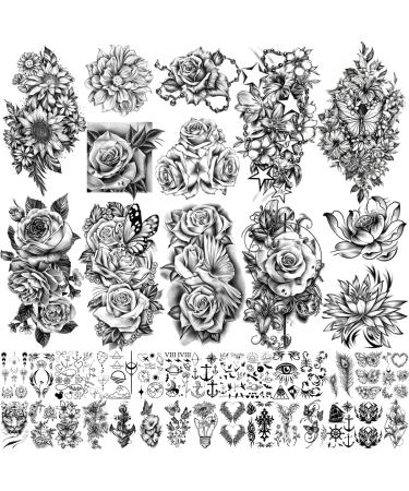 Metuu 40 Sheets Waterproof Temporary Tattoo for Women and Girl, Large Black Peony Rose Flowers Long Lasting Lady 3D Fake Tattoos Girls Arm Hand Collarbone Leg Tattoos Stickers as Gift or Decoration