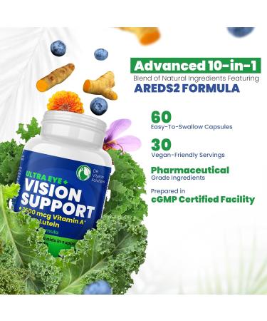 Vision Support Eye Vitamins for Macular Health | Supplements with Lutein Zinc Vitamin A & Bilberry | Areds 2 Formula for Red & Dry Eyes Sight Care (1 Bottle 60 Capsules) 60 Count (Pack of 1) - Buy Online on GoSupps.com