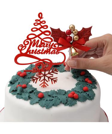 Merry Christmas Cake Decoration topper Yule Log Cupcake Toppers 3 Piece Gold silver red Leaf Holly Set (3 set red holly) - Buy Online on GoSupps.com
