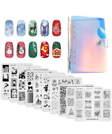 Alexnailart 10 Pieces Nail Stamping Plates Nail Art Plates Set Multi-Patterns Christmas Image Template Nail Design Manicure Stencils Tool with Storage Bag (Set7)