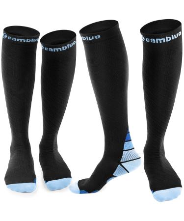 Cambivo compression stockings women and men 2 pairs compression socks support stockings for running sports flight travel cycling S-M black & blue
