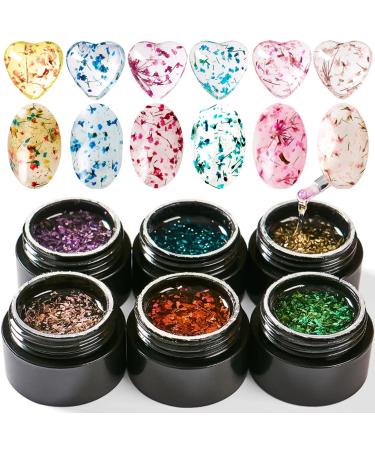 Dried Flowers Gel Nail Polish Bellecrey Flower Fairy Gel Polish Soak Off UV Holographic Varnish Real Flower Gel Rose Gold Pink Green Blue Purple Nail Polish 6 Colours/Set