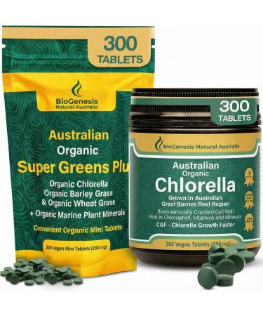 Biogenesis Twin-Action Greens Stack: Organic Chlorella (300 Ct) & SuperGreens Plus (300 Ct) Australian Grown Green Superfoods Vegan Unflavored Tablets for Immunity & Daily Energy