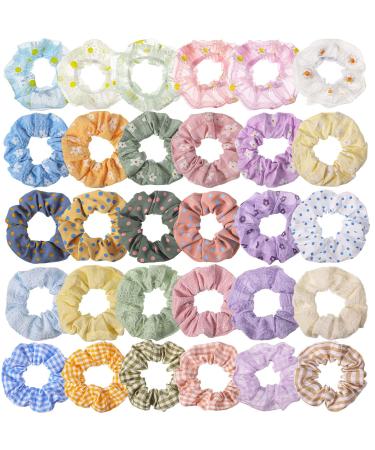 Crowye 30 Pcs Cute Hair Scrunchies Kawaii Colorful Scrunchies Daisy Print Floral Polka Dot Solid Color Plaid Hair Ties Assorted Accessories Hair Bands for Women Girls Kids
