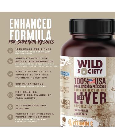 WILD SOCIETY - USA Grass Fed Beef Liver Capsules - 3000mg Max Strength for Energy Stamina Natural Detox Hair & Nail - Non GMO Allergen Free Beef Liver Supplement - 180 Desiccated Capsules - Buy Online on GoSupps.com
