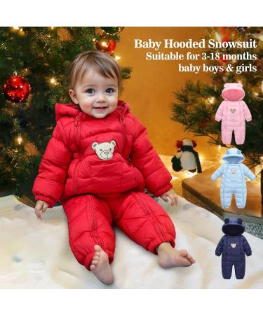 JiAmy Baby Snowsuit Hooded Romper | Cartoon Bear Winter Outfit | Red | 12-18 Months - Buy Online on GoSupps.com